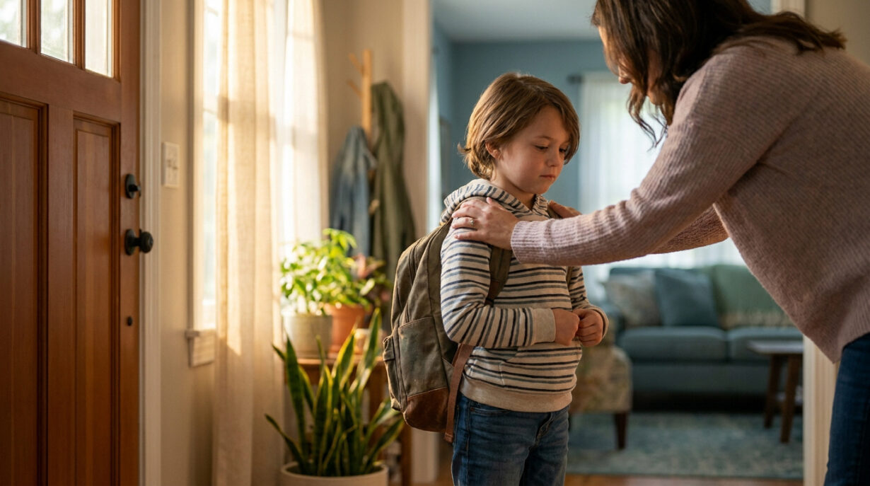Une mère réconforte son jeune fils avec un sac à dos avant qu'il ne parte à l'école, près d'une porte d'entrée.