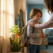 Une mère réconforte son jeune fils avec un sac à dos avant qu'il ne parte à l'école, près d'une porte d'entrée.