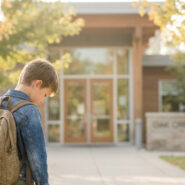 Un jeune garçon avec un sac à dos, debout devant une école, l'air hésitant ou triste.