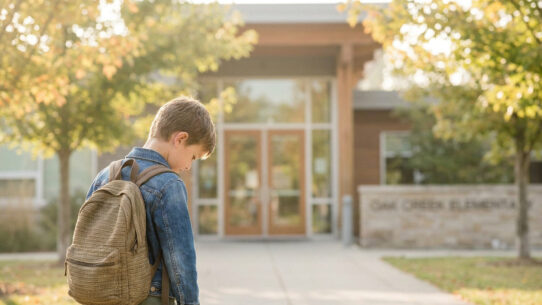 Un jeune garçon avec un sac à dos, debout devant une école, l'air hésitant ou triste.