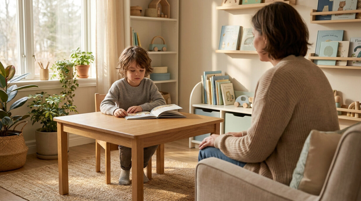 Un jeune enfant lit un livre à une table en bois face à un adulte dans un cabinet calme et lumineux.