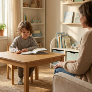 Un jeune enfant lit un livre à une table en bois face à un adulte dans un cabinet calme et lumineux.