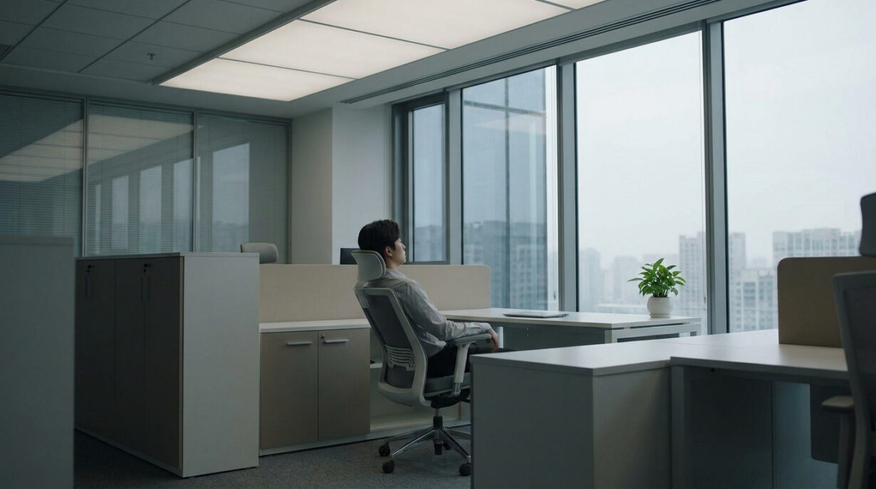 Employé de bureau assis seul dans un espace de travail calme, regardant par la fenêtre avec un air pensif.