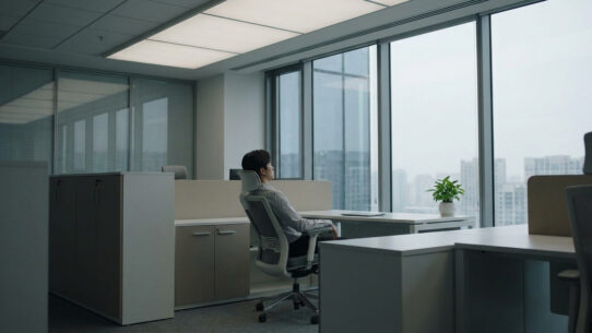 Employé de bureau assis seul dans un espace de travail calme, regardant par la fenêtre avec un air pensif.