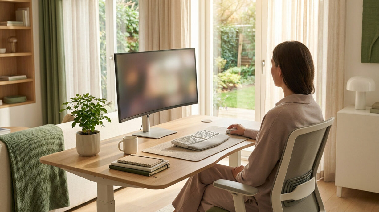 Une personne assise à un bureau ergonomique dans un salon lumineux, travaillant sur un ordinateur face à une fenêtre.
