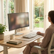 Une personne assise à un bureau ergonomique dans un salon lumineux, travaillant sur un ordinateur face à une fenêtre.