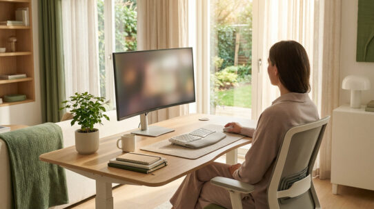 Une personne assise à un bureau ergonomique dans un salon lumineux, travaillant sur un ordinateur face à une fenêtre.