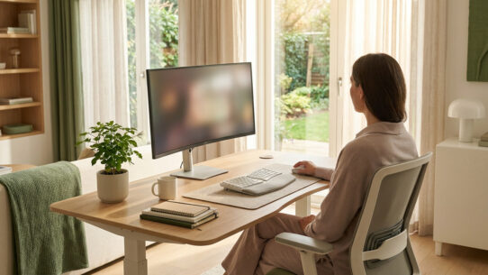 Une personne assise à un bureau ergonomique dans un salon lumineux, travaillant sur un ordinateur face à une fenêtre.