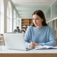 Étudiante concentrée travaillant sur son ordinateur portable dans une bibliothèque universitaire lumineuse.