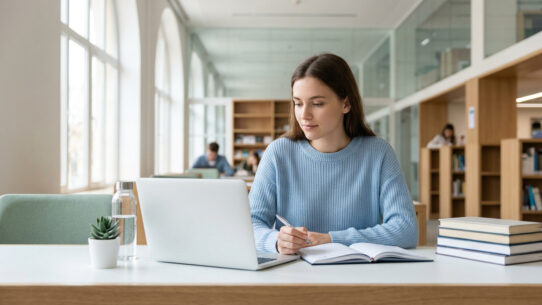 Étudiante concentrée travaillant sur son ordinateur portable dans une bibliothèque universitaire lumineuse.