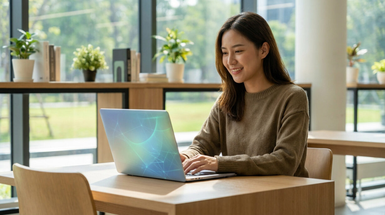 Une étudiante souriante assise à une table dans une bibliothèque, travaillant sur un ordinateur portable.