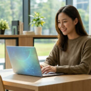 Une étudiante souriante assise à une table dans une bibliothèque, travaillant sur un ordinateur portable.