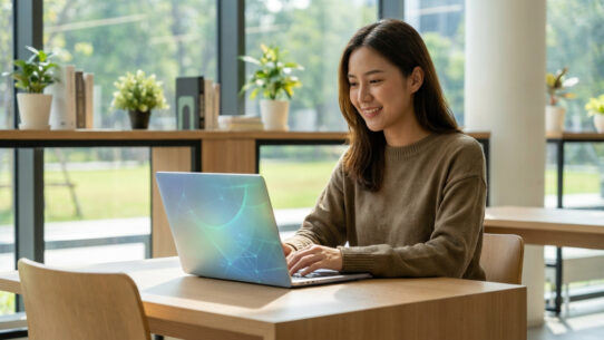 Une étudiante souriante assise à une table dans une bibliothèque, travaillant sur un ordinateur portable.