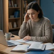 Une jeune femme pensive et stressée assise à son bureau avec des livres et un ordinateur portable.