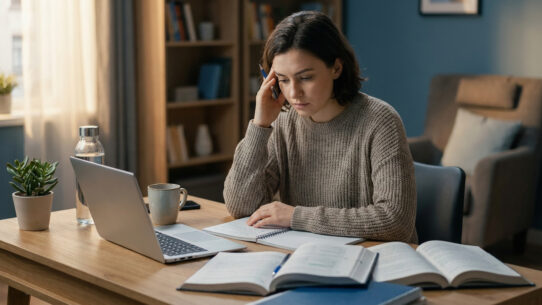 Une jeune femme pensive et stressée assise à son bureau avec des livres et un ordinateur portable.