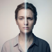 Visage d'une femme divisé en deux : un côté neutre et clair, l'autre sombre et marqué par la tension.
