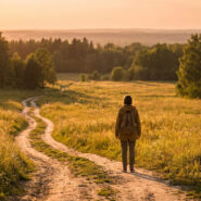 Une personne avec un sac à dos marche seule sur un chemin de terre au milieu d'un champ au coucher du soleil.