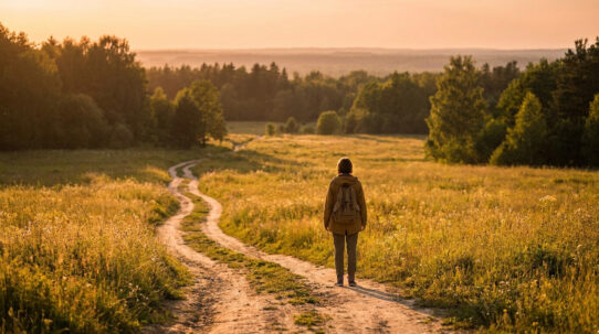 Une personne avec un sac à dos marche seule sur un chemin de terre au milieu d'un champ au coucher du soleil.