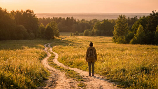 Une personne avec un sac à dos marche seule sur un chemin de terre au milieu d'un champ au coucher du soleil.