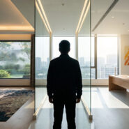 Un homme se tient face à une grande fenêtre dans un bureau moderne et lumineux, symbolisant la réflexion et le choix.