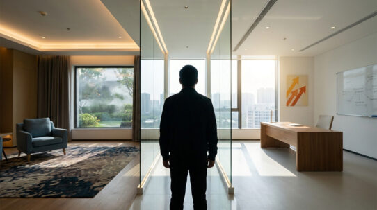 Un homme se tient face à une grande fenêtre dans un bureau moderne et lumineux, symbolisant la réflexion et le choix.
