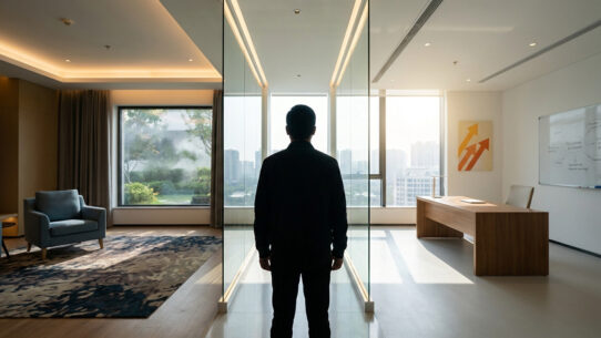 Un homme se tient face à une grande fenêtre dans un bureau moderne et lumineux, symbolisant la réflexion et le choix.