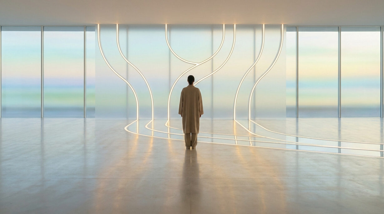 Une personne debout face à un mur lumineux épuré dans un espace minimaliste, symbolisant la sérénité et le calme.