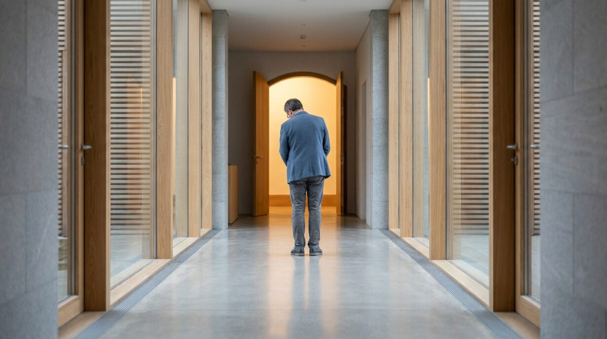 Un homme vu de dos, seul dans un long couloir moderne, symbolisant l'isolement lié au burn-out parental.