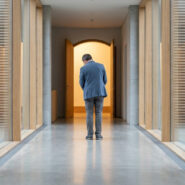 Un homme vu de dos, seul dans un long couloir moderne, symbolisant l'isolement lié au burn-out parental.