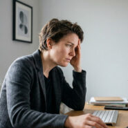 Une employée fatiguée, la main sur le front, devant son écran d'ordinateur rempli d'un tableau Excel.