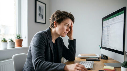 Une employée fatiguée, la main sur le front, devant son écran d'ordinateur rempli d'un tableau Excel.