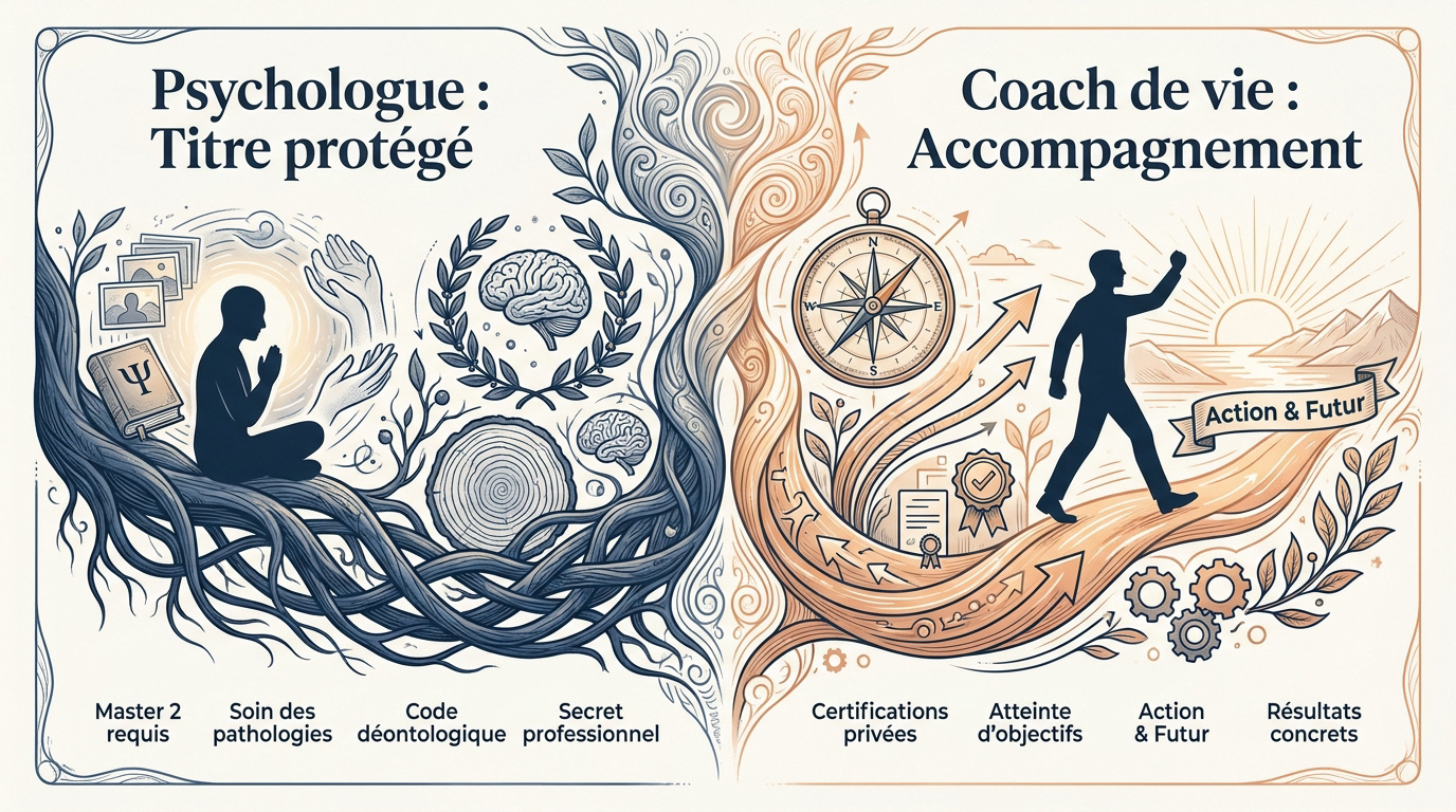 Illustration des parcours distincts entre la psychologie clinique et le coaching de vie