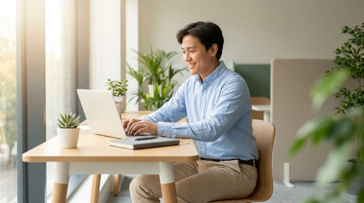Un jeune homme souriant travaille sereinement sur son ordinateur portable dans un bureau lumineux avec des plantes.