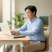 Un jeune homme souriant travaille sereinement sur son ordinateur portable dans un bureau lumineux avec des plantes.