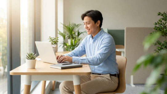Un jeune homme souriant travaille sereinement sur son ordinateur portable dans un bureau lumineux avec des plantes.