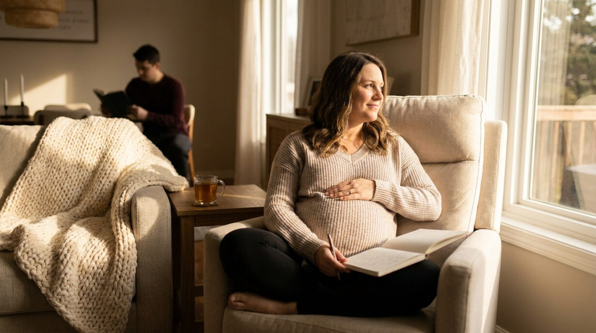 Une femme enceinte assise dans un fauteuil près d'une fenêtre, tenant un carnet, avec son partenaire en arrière-plan.