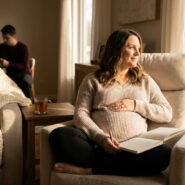 Une femme enceinte assise dans un fauteuil près d'une fenêtre, tenant un carnet, avec son partenaire en arrière-plan.