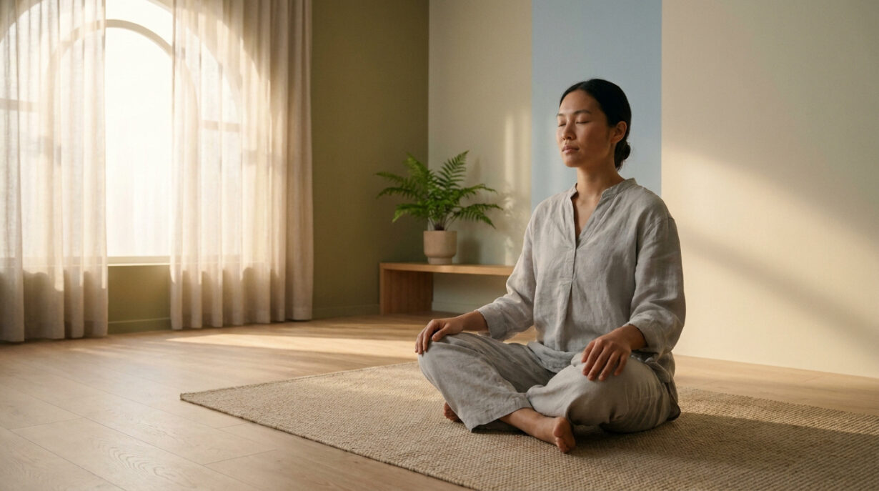 Une femme médite paisiblement assise en tailleur sur un tapis dans une pièce lumineuse et minimaliste.