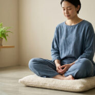 Une femme assise en tailleur sur un coussin, pratiquant la méditation dans une pièce lumineuse et calme.
