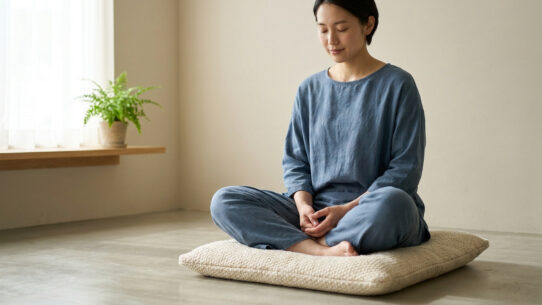 Une femme assise en tailleur sur un coussin, pratiquant la méditation dans une pièce lumineuse et calme.
