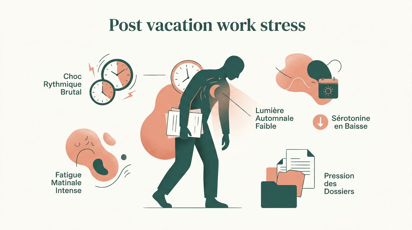 Employé de bureau stressé devant son ordinateur après le retour des vacances