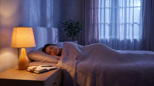 Une femme dort paisiblement dans un lit éclairé par une lampe de chevet douce.