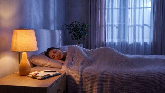 Une femme dort paisiblement dans un lit éclairé par une lampe de chevet douce.