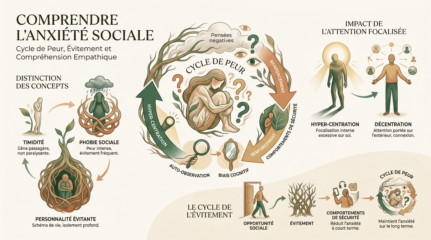 Schéma expliquant le cycle de l'anxiété sociale et l'impact de l'hyper-focalisation sur soi
