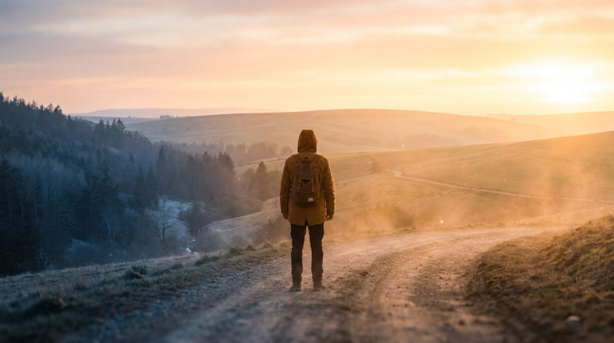 Une personne avec un sac à dos marchant sur un chemin de terre vers un paysage ensoleillé.