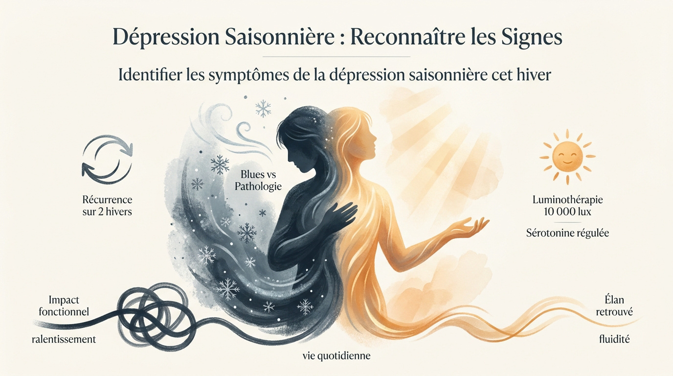 Femme observant la lumière hivernale illustrant les symptômes de la dépression saisonnière