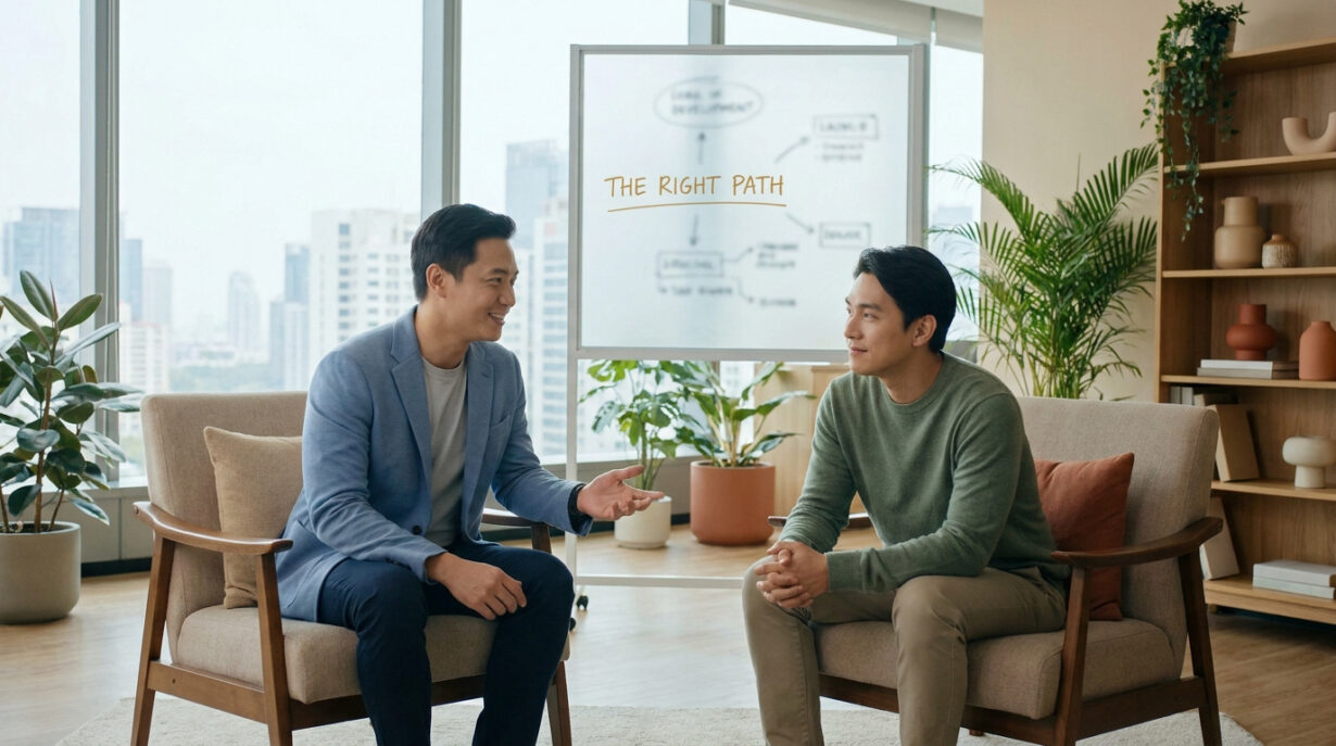 Deux hommes en entretien professionnel dans un bureau lumineux avec un tableau blanc indiquant « THE RIGHT PATH ».