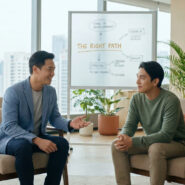 Deux hommes en entretien professionnel dans un bureau lumineux avec un tableau blanc indiquant « THE RIGHT PATH ».
