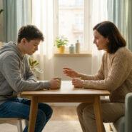 Une mère et son fils adolescent discutent sérieusement assis autour d'une table dans un salon lumineux.