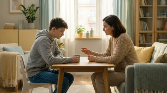 Une mère et son fils adolescent discutent sérieusement assis autour d'une table dans un salon lumineux.